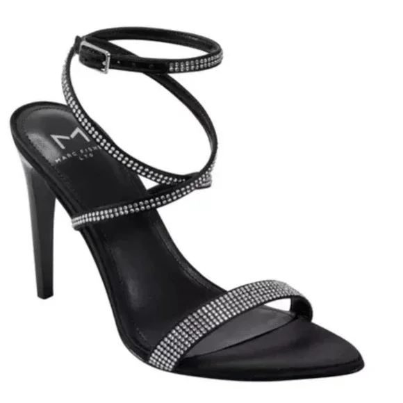Marc Fisher LTD Black Rhinestone Strappy Stiletto Heels Size 8.5M Glam - Picture 4 of 11